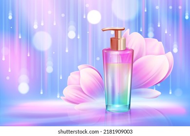 Cosmetic bottle liquid soap  shampoo gel vector illustration  3D package and gold dispenser  product for skin care  pink flower petals   falling rain particles and bokeh background