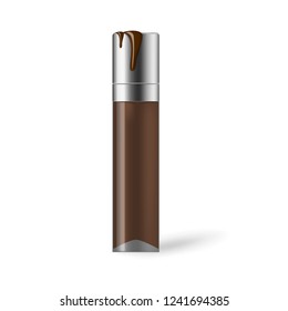 Cosmetic bottle with makeup foundation drips on white background, vector illustration.