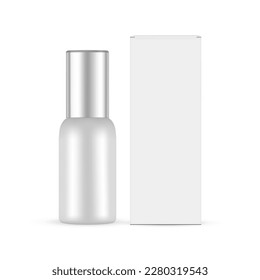 Cosmetic Bottle With Metal Cap for Skin Care Liquid, Box Front View, Isolated on White Background. Vector Illustration