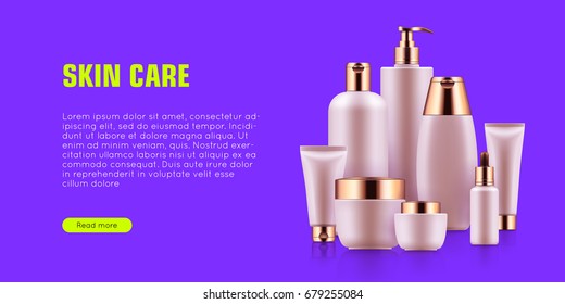 Cosmetic bottle mockup ad. Beauty and health concept. Organic and natural skin-care treatments. Realistic template vector illustration