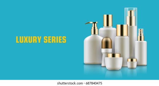 Cosmetic bottle mockup ad. Beauty and health concept. Organic and natural skin-care treatments. Realistic template vector illustration