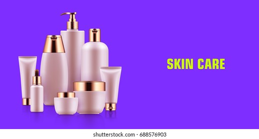 Cosmetic bottle mockup ad. Beauty and health concept. Organic and natural skin-care treatments. Realistic template vector illustration