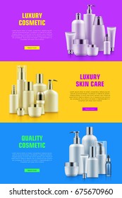 Cosmetic bottle mockup ads. Skin and body care concept. Organic facials care treatment best offering. Realistic template vector illustration