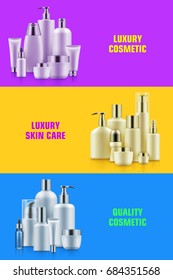 Cosmetic bottle mockup banner. Skin and body care concept. Organic facials care treatment best offering. Realistic template vector illustration