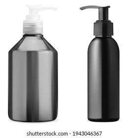 Cosmetic bottle mockup. Cleanser gel pump bottle. Pump dispenser package, black container set for liquid detergent or foam. Skin oil or hand wash cream packaging with pump valve, 3d template