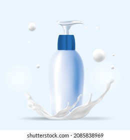 Cosmetic bottle mockup with milk splash blue