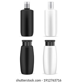 Cosmetic bottle mockup. Plastic shampoo jar vector blank. Beauty product package isolated on white background. Liquid soap packaging template. Oval hair shampoo bottle mock up, silver, black