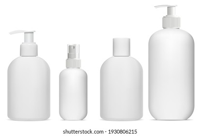 Cosmetic bottle mockup. Cosmetic product package. Pump container collection. Cosmetic essence spray, luxury hygiene collection. body spa lotion, white plastic template. Skin milk vial