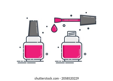 Cosmetic bottle nail polish with brush. Open and closed container. Female fashion product and style illustration. Traditional plastic or glass vial design. Isolated object on white background. Vector.