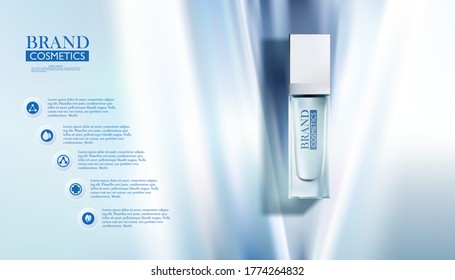 cosmetic bottle on abstract Blue background or banner for cosmetic ads. Blue cosmetic premium. Makeup products brand. 3D illustration.