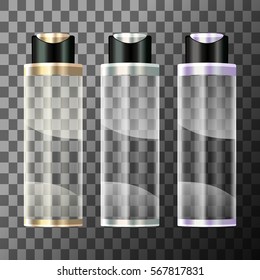 Cosmetic bottle on transparent background. Colored bottles for gel, lotion, cream, shampoo and conditioner. Vector illustration