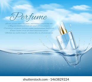 Cosmetic bottle on water background with air bubbles. Vector illustration