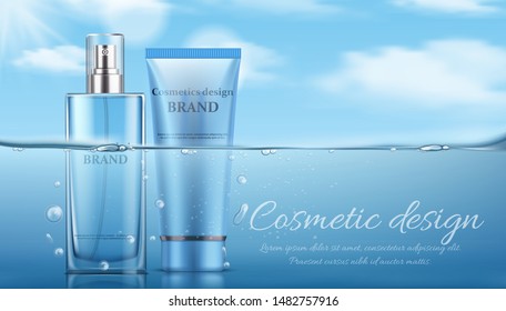 Cosmetic bottle on water background with air bubbles. Vector illustration