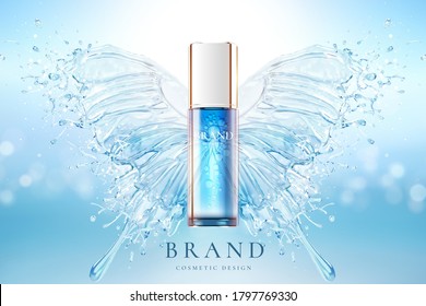 Cosmetic bottle over water splash butterfly design on blue background in 3d illustration