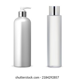 Cosmetic Bottle Package Blank. Realistic Shampoo Container Vector Template. Liquid Skin Care Milk Tube. Shave Foam Aerosol Cap Pack Illustration