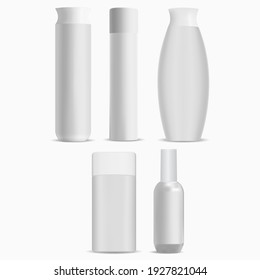 Cosmetic bottle package mockup, white pack. Shampoo bottle luxury blank template. Hygiene heathcare packaging collection. Balm tube vector illustration for branding, bath milk design