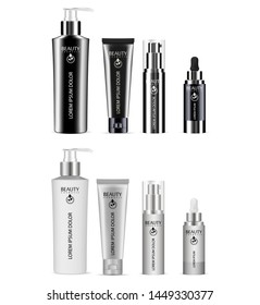 Cosmetic Bottle Package. Product Pack. Vector Mockup for Cream, Lotion, Soap, Spray, Gel. Shampoo. Realistic 3d Container Template. Plastic Jar Design with Branding. Clear Set for Hygiene