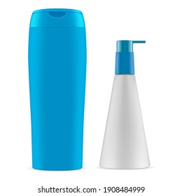 Botella cosmética. Shampoo de paquete, envase de dispensador en blanco. producto de jabón o gel con dispensador de bomba aislado sobre fondo blanco. Modelación del envase para lavado de pelo, líquido de leche