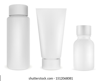 Envase para frascos estéticos. Producto plástico blanco 3d en blanco. Contenedor de crema, champú para el pelo, plantilla de tarro para cuidados de belleza. Diseño realista sin etiqueta. Gel de ducha, mosturizador o mascarilla