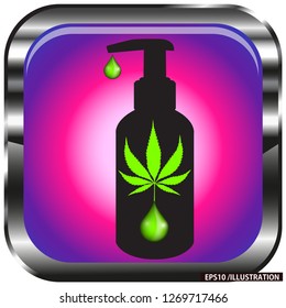 Cosmetic bottle packaging with oil drop and cannabis (marijuana leaf), on pink and purple background, icon vector illustration. EPS10/ILLUSTRATION