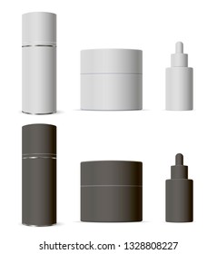 Cosmetic Bottle Packaging Set with Dropper, Cream Jar and Spray Can Isolated in Black and White. Realistic 3d Object Template. Body Hygiene and Spa Products with Moisturizer and Serum.