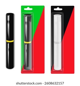 Cosmetic bottle packed in hanging cardboard and clear plastic rectangle blister box. Make-up container in individual sleeve package with euro hole hanger. Mockup. Beauty product packaging. Mock-up