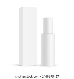 Cosmetic bottle with paper box mockup isolated on white background. Vector illustration