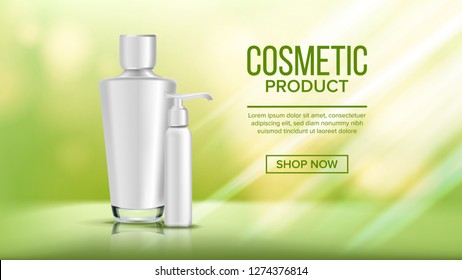 Cosmetic Bottle Poster Vector. Sale Flyer. Empty Plastic. White Package. 3D Mockup Realistic Illustration