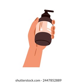 Cosmetic bottle, pump container in hand. Beauty skin care product for shower. Holding shampoo, body gel, washing soap, moisturizing cream. Flat vector illustration isolated on white background