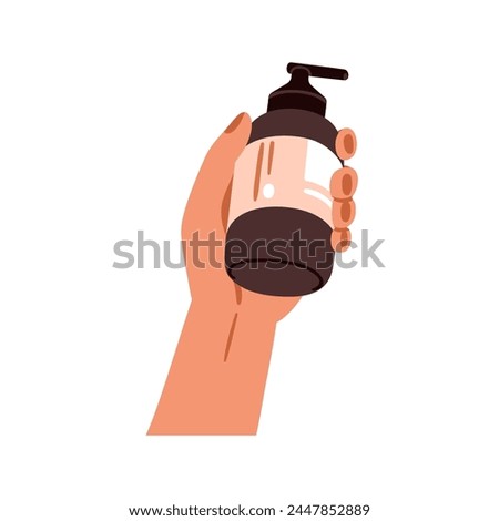 Cosmetic bottle, pump container in hand. Beauty skin care product for shower. Holding shampoo, body gel, washing soap, moisturizing cream. Flat vector illustration isolated on white background