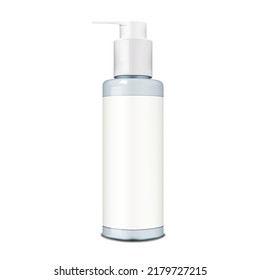 Cosmetic bottle with pump dispenser, fine tip applicator cap and white blank label realistic vector mockup. Template for design