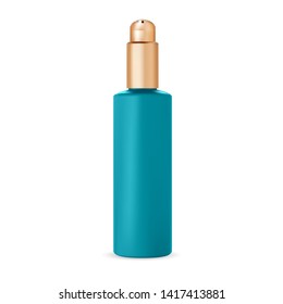 Cosmetic bottle. Pump Dispenser Packaging. 3d Vector Container for Liquid, Cream, Lotion, Soap. Face or Skin Hygiene Realistic Mock Up with Gold Lid. Hair Moisturizer. Plastic Template.