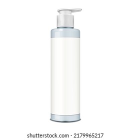 Cosmetic bottle with pump dispenser realistic mock-up. Beauty product container with white blank label vector mockup. Template for design