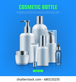 Cosmetic bottle realistic. Packaging with silver caps mockup for personal care best brands. Medical beauty concept. Realistic vector illustration on blue background