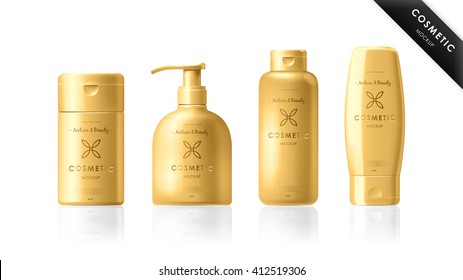 Cosmetic bottle. Realistic plastic shampoo, conditioner, lotion, cream, tonic bottle gold design vector set isolated on white background. Luxury cosmetic product packaging collection illustration
