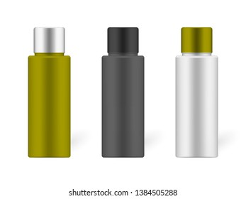 Cosmetic bottle with screw cap, realistic mockup set. Beauty skin care product packaging containers isolated on white background, vector template.