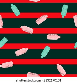 Cosmetic bottle seamless pattern. Background for spa. Repeated texture in doodle style for fabric, wrapping paper, wallpaper, tissue. Vector illustration.