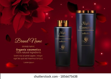 Cosmetic bottle series vector illustration. 3d black plastic packages containers with cream product for body face skincare treatment and red flower petals, natural health care, cosmetology background