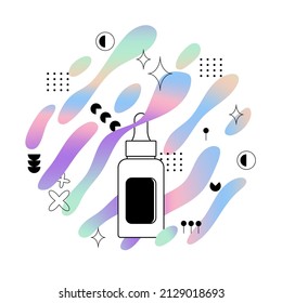 Cosmetic bottle for serum, essence, essential oil and skincare products. Dropper bottle on the background of holographic splashes with geometric shapes. Vector flat illustration.