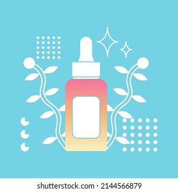 Cosmetic bottle with serum on a blue background with leaves and geometric elements. Gradient on the appearance of the product skin care, hair. Flat style vector