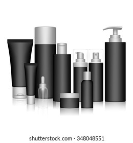 Cosmetic Bottle Set for liquid, cream, gel, lotion. Beauty product package, vector illustration.
