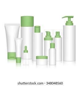 Cosmetic Bottle Set for liquid, cream, gel, lotion. Beauty product package, vector illustration.