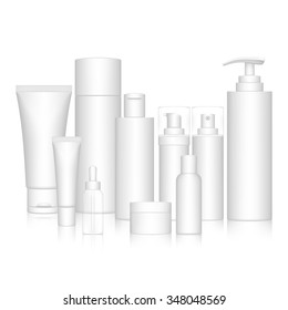 Cosmetic Bottle Set for liquid, cream, gel, lotion. Beauty product package, vector illustration.
