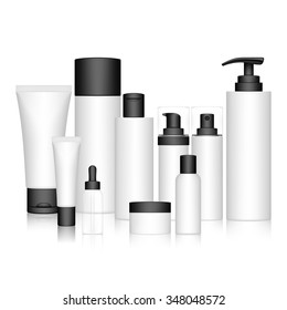 Cosmetic Bottle Set for liquid, cream, gel, lotion. Beauty product package, vector illustration.
