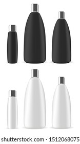 Cosmetic bottle set. Shampoo package container, isolated template. Plastic Lotion, balsam or conditioner packaging design illustration. Milk soap jar mockup for hygiene. Clear, ready for branding
