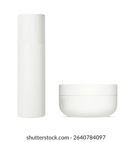 Cosmetic bottle set. Spray container mockup, airless pump package product. Round face cream jar, white plastic bottle. Body lotion or beauty blush powder product