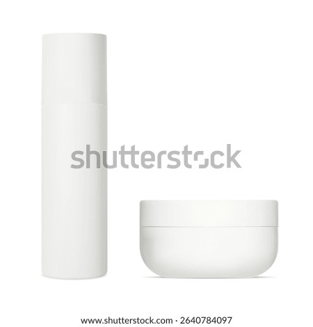 Cosmetic bottle set. Spray container mockup, airless pump package product. Round face cream jar, white plastic bottle. Body lotion or beauty blush powder product