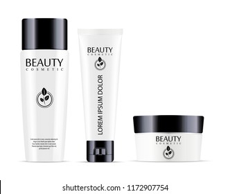 Cosmetic bottle for shampoo and jar with tube for cream, ointment, powder, salt. Realistic mockup package of cometics. Vector set with sample logo and label design.