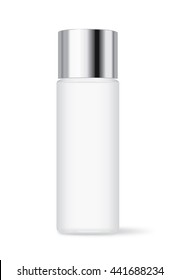 Cosmetic Bottle With Silver Cap Isolated On White Background. Ideal For Facial Cleansing Packaging And Lotion And Skincare Or Other.