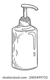 Kosmetische Flaschenskizze. Dispenser-Reinigung. Hygiene Schönheit. Handgezeichnete Illustration.